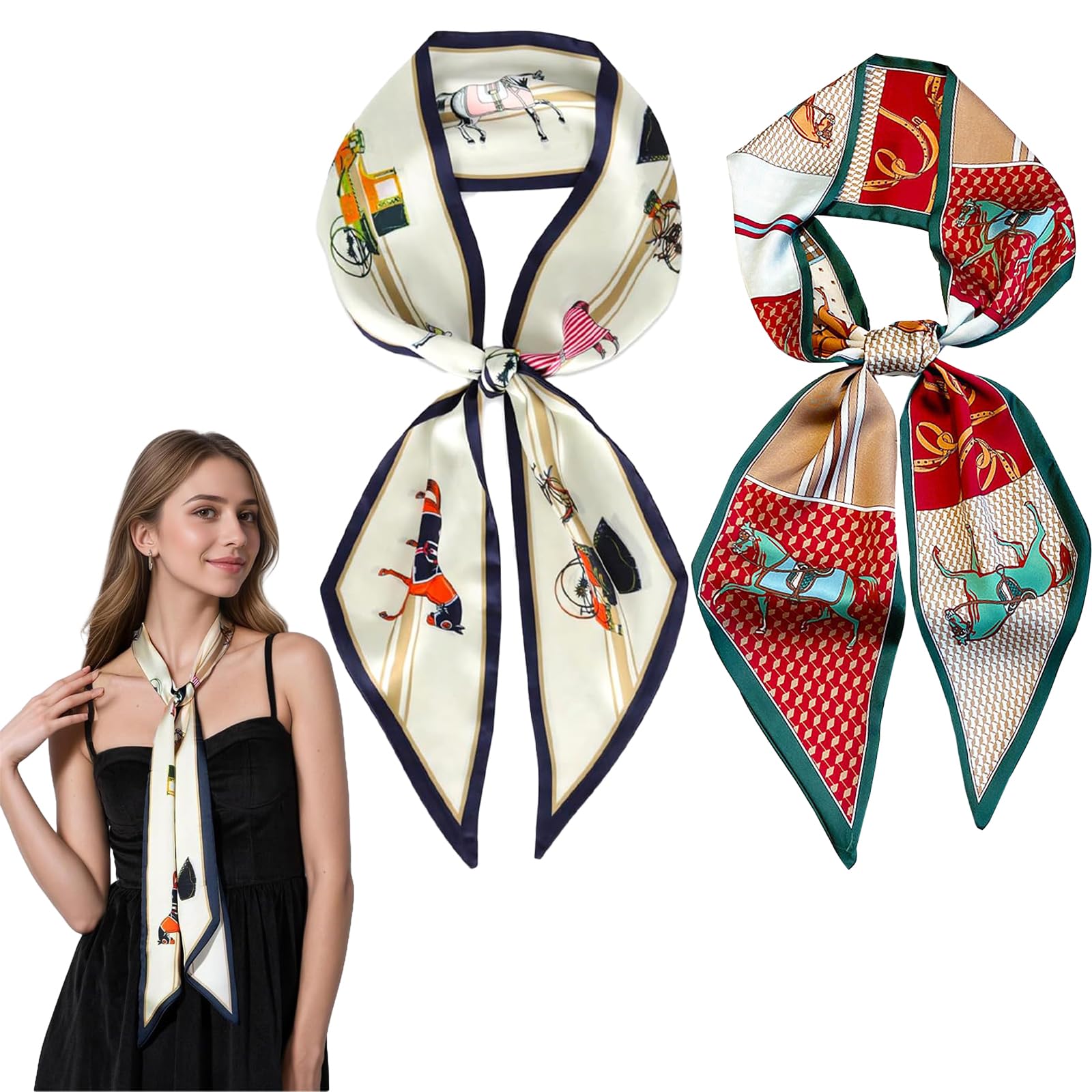 2-Piece Neck Scarf for Women, Vintage Print Narrow Hair Scarf, Lightweight Silk Feel Satin Ribbon for Handbag Accessory and Head Scarves, 150x15cm-picture-25