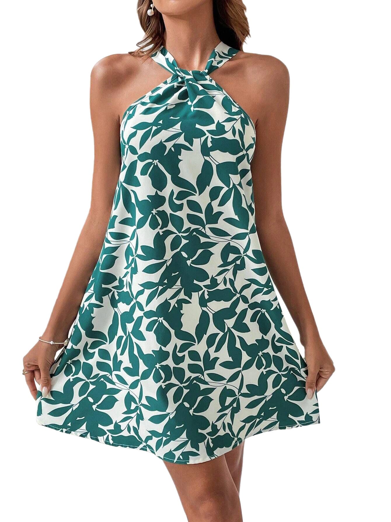 MoreChioce Vestido Primaveral de Mujer con Flores, Cuello Halter, y Hombros Descubiertos, Estilo Midi A-Linea - Frescura