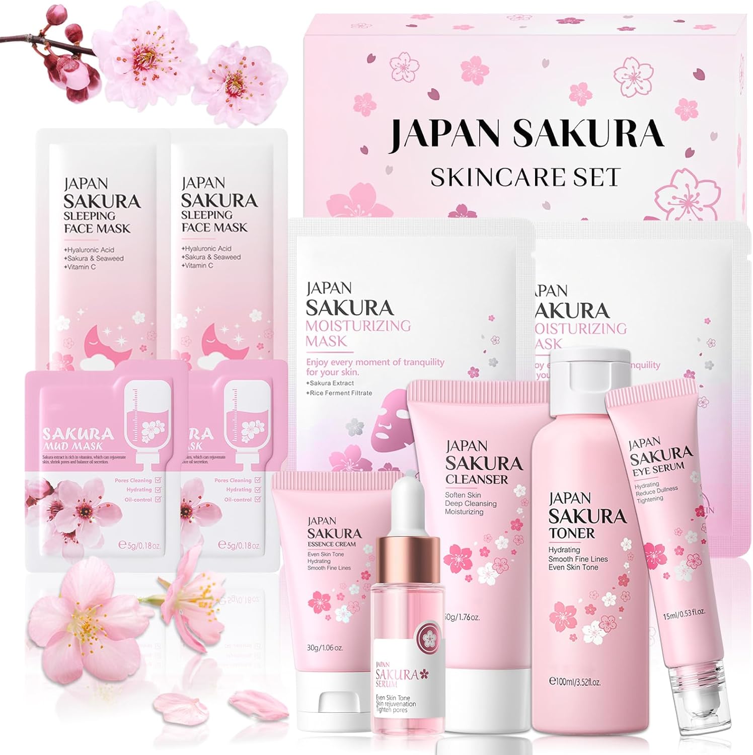 Sakura Ensemble de soins du visage 11 pièces, ensemble de soins de la peau Sakura avec nettoyant pour le visage, tonique, contour des yeux, sérum, crème, ensemble de soins du visage Sakura pour adolescentes et femmes
