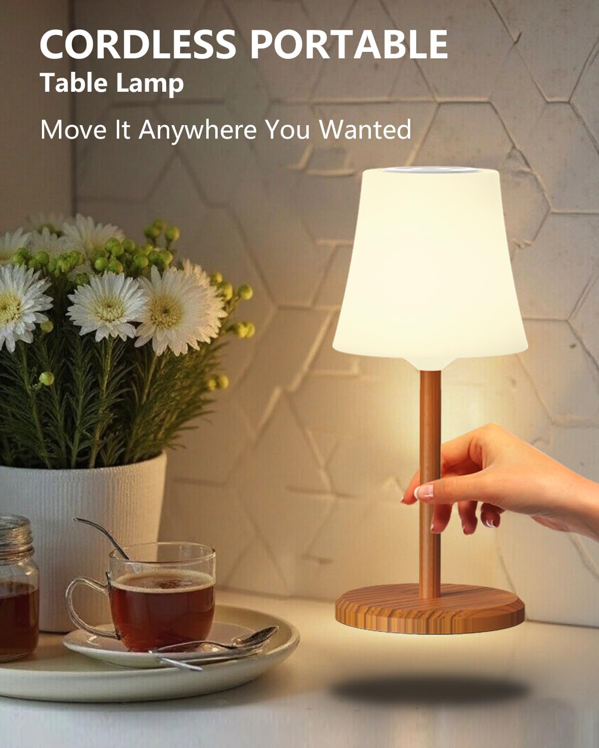 Cordless Shower Lamp IP54 Waterproof Outdoor Rechargeable Table Lamp 4000mah Small Battery Operated Lamps Touch Dimmable RGB Lamp for Bathroom Kitchen Restaurant Patio Camping, Wood Grain