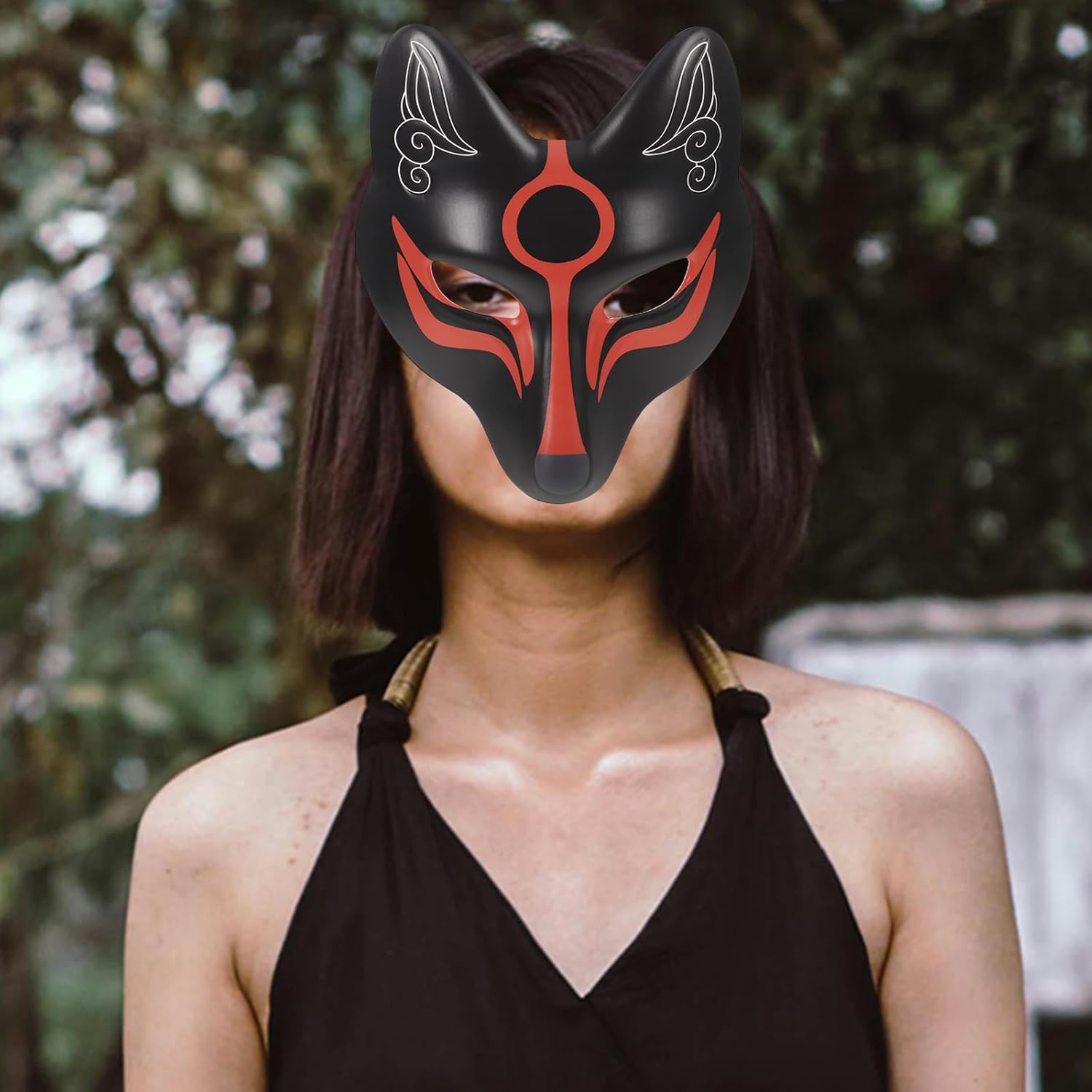 VALICLUD 2pcs FoxMask Japanese Kabuki KitsuneMasks Half Face CatMasks Anime Animal Cosplay for Men Women Children Masquerade Ball Costume Prop Black White