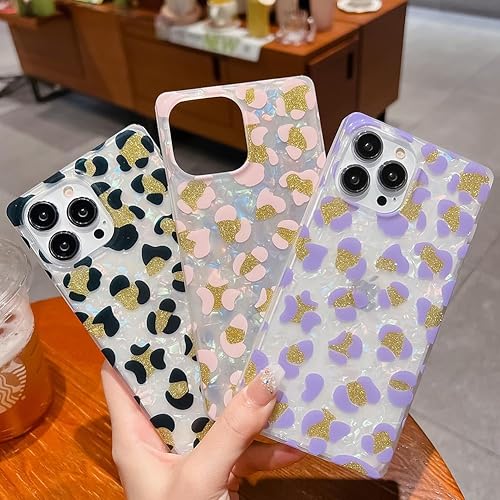 Miniatura 2 de KERZZIL Funda de lujo con diseño de leopardo y perla para iPhone 13 Pro de 6.1 pulgadas, con borde cuadrado, bonito polvo dorado dorado brillante