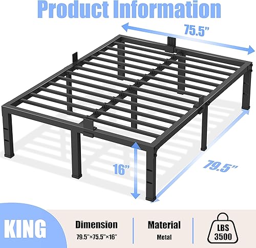 Miniatura 16 de Marco de cama de tamaño matrimonial de 14 pulgadas, soporte resistente de plataforma de metal de 3500 libras, no necesita somier, sin ruido,