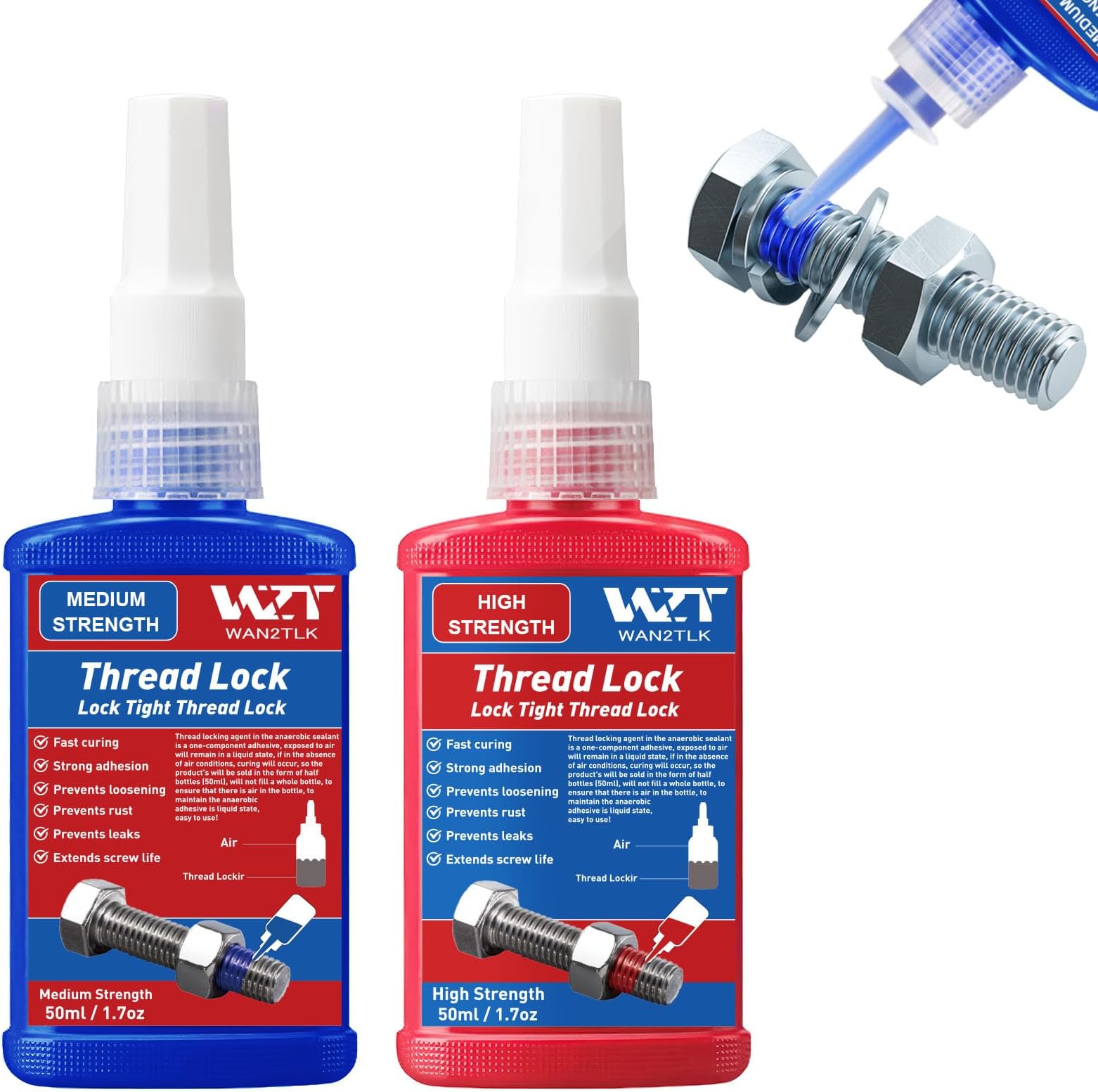 2Pack 50ml Locktight Threadlock Blue and Red, Thread Lock Medium and High Strength Lock Tight for Nuts, Bolts, Fasteners and Metals, Prevent Loosening and Corrosion