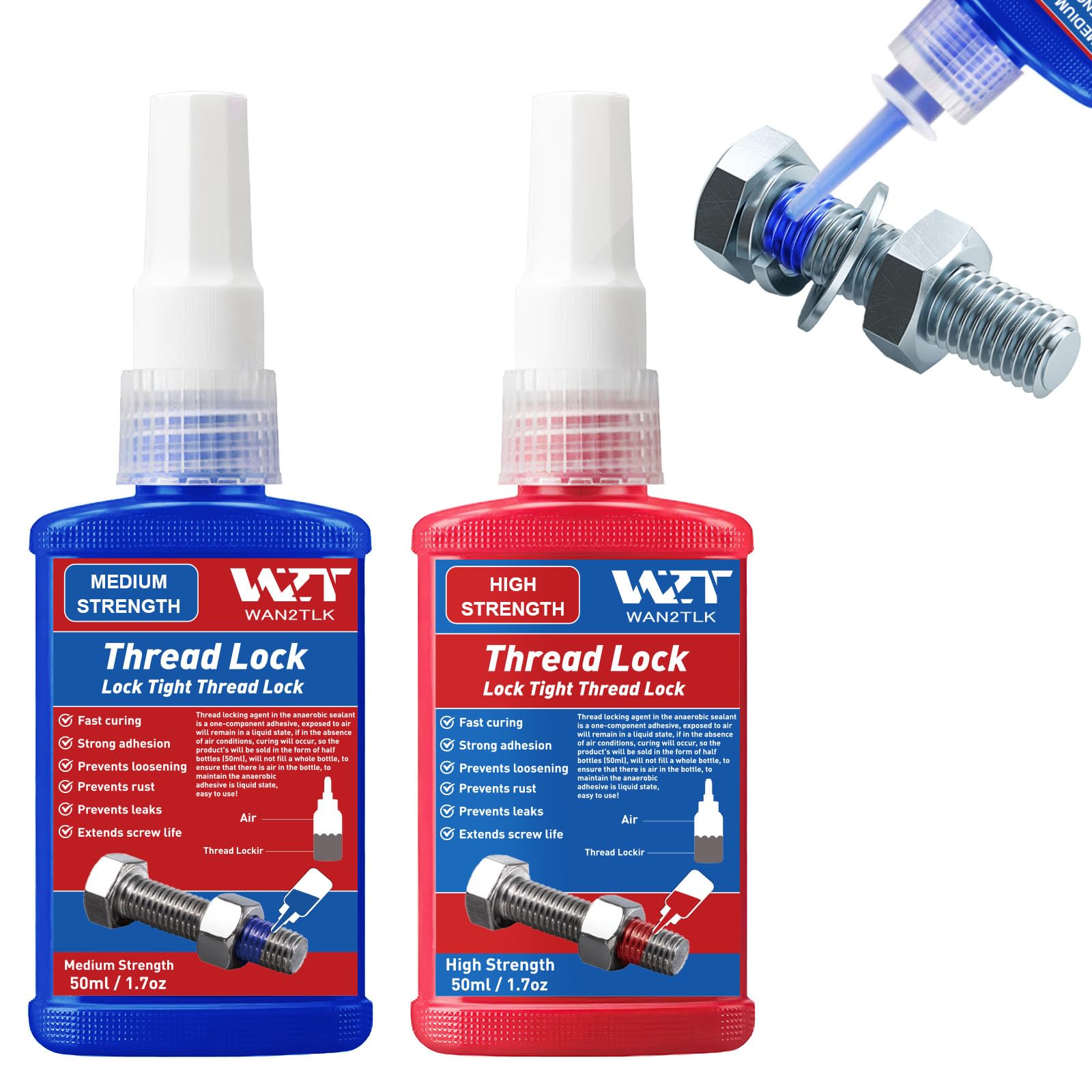 WAN2TLK2Pack 50ml Locktight Threadlock Blue and Red, Thread Lock Medium and High Strength Lock Tight for Nuts, Bolts, Fasteners and Metals, Prevent Loosening and Corrosion