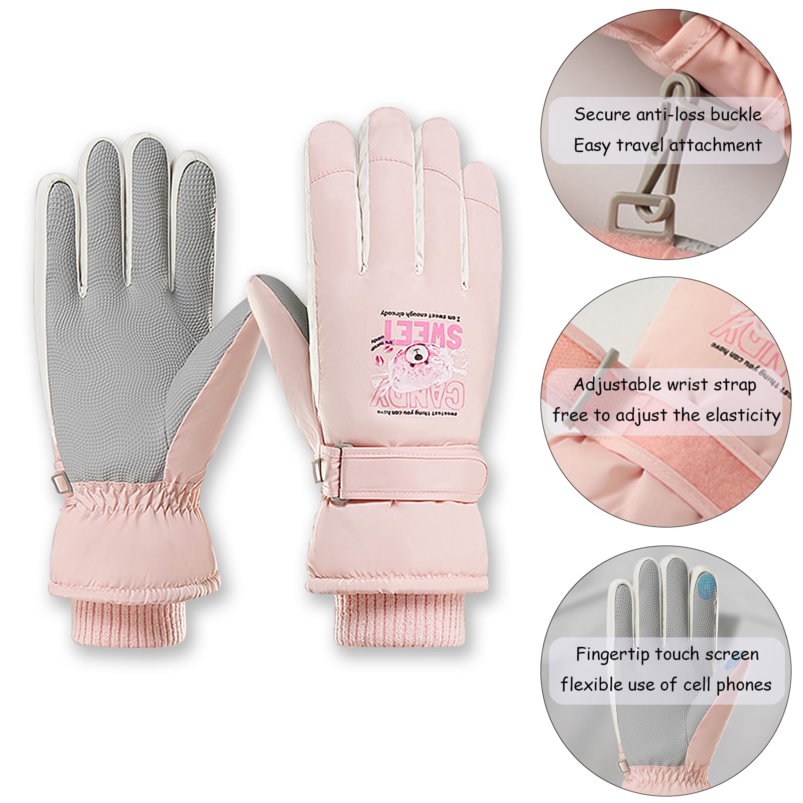 KEYDUACU Winter Ski Snow Gloves for Men, Women, Waterproof Touchscreen Windproof Cold Weather Hand Warming Winter Work Snowboard Gloves for Skiing Running and Cycling(Sweet-Pink)