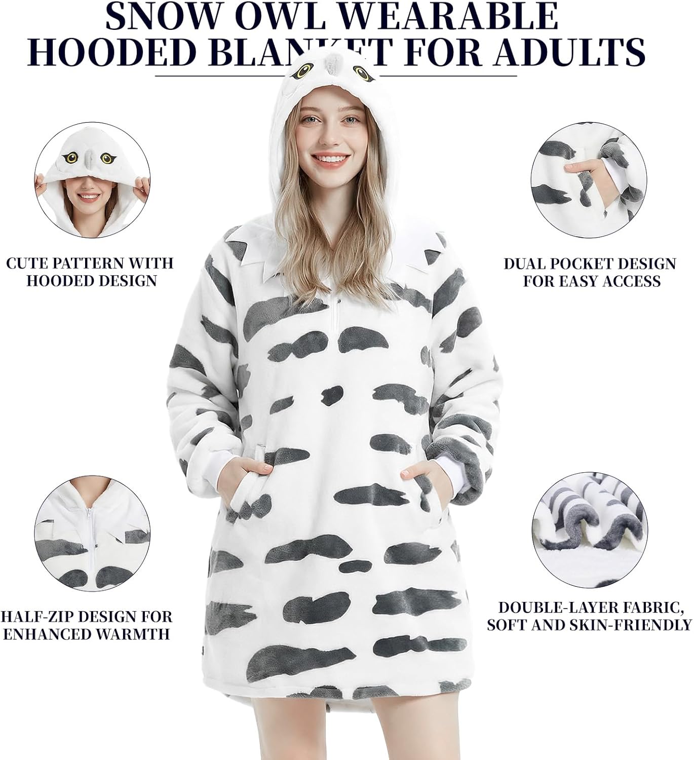 Wearable Blanket Hoodie for Adults-Snowy Owl Hooded Blanket,Cozy Sherpa Fleece Animal Hooded Blanket,Birthday,Halloween,Christmas Gift for Men and Women