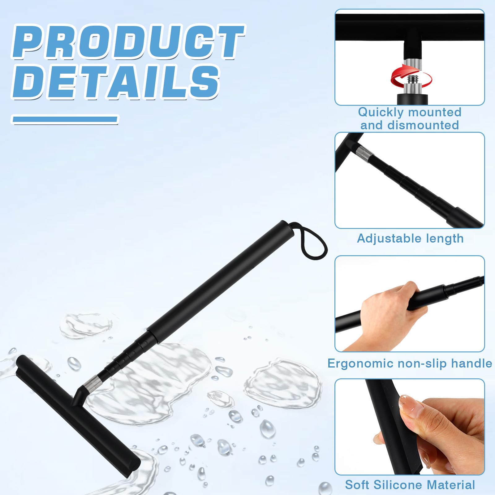 Tergivetro Per Doccia Estensibile - Lavavetri Con Manico Telescopico E Silicone, Nero, Per Finestre E Piastrelle - Foto 4