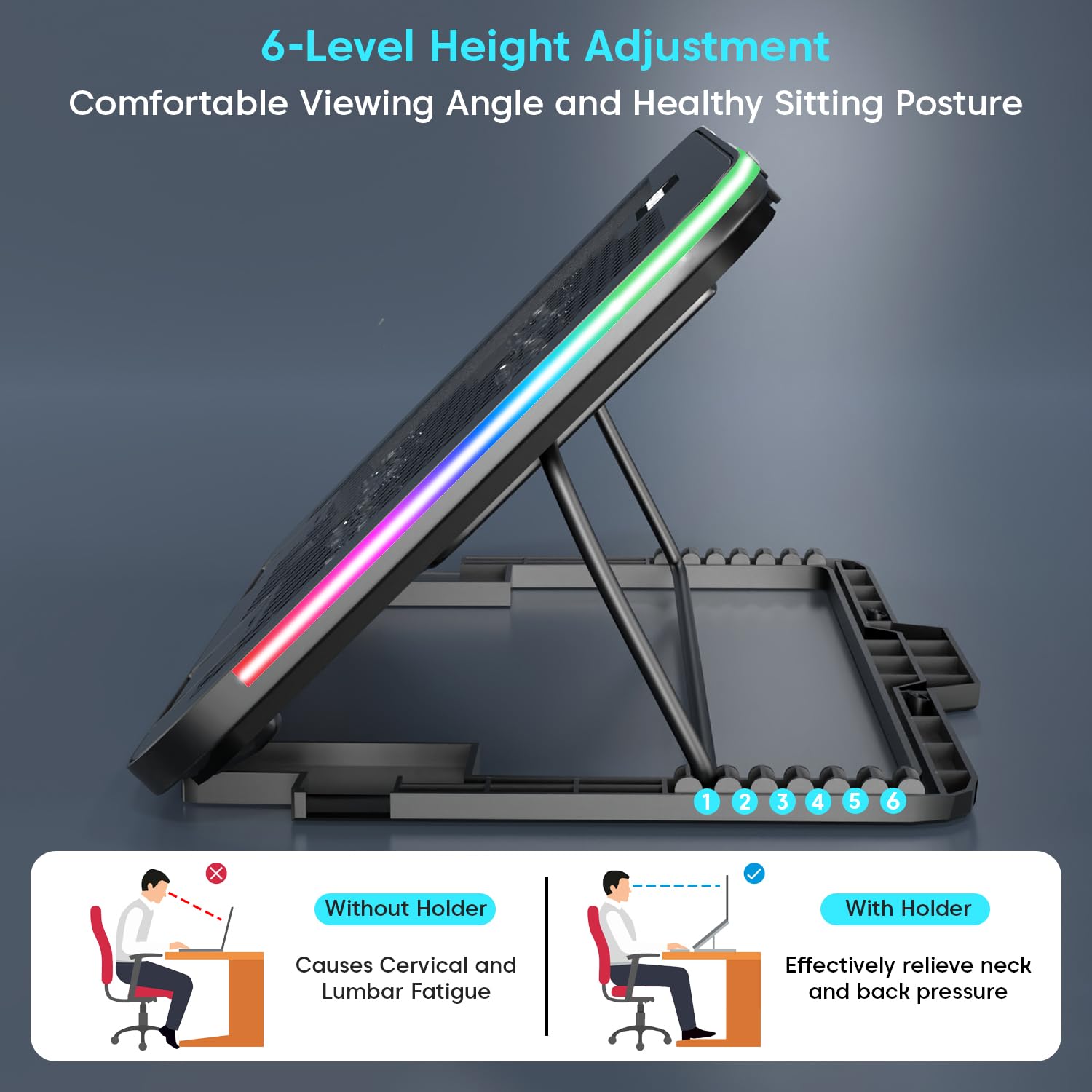 Sounce Laptop Cooling Pad with 6 Hexa Cooling Fans, Adjustable Speed Control, RGB LED Lighting, Built-in USB Ports, Detachable Mobile Holder, Ergonomic 5-Step Retractable Stand Laptops (Black) 11 71TOys6eBvL. SL1500