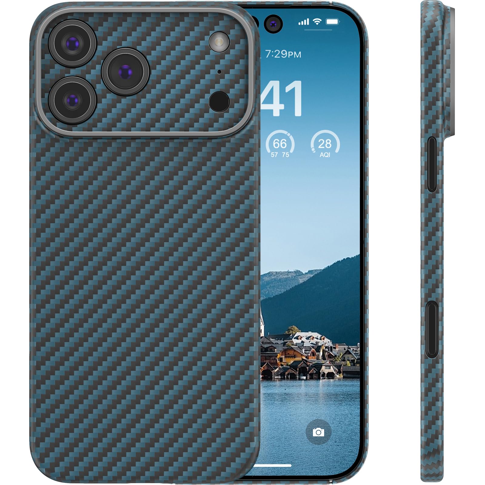 memumiCase for iPhone 17 Pro Aramid Fiber, [NO-case Feeling] Durable Sturdy Aramid Fiber with 0.5mm Slim Case for iPhone 17 Pro Thin and Minimalist in Carbon Fiber Design, Black Blue