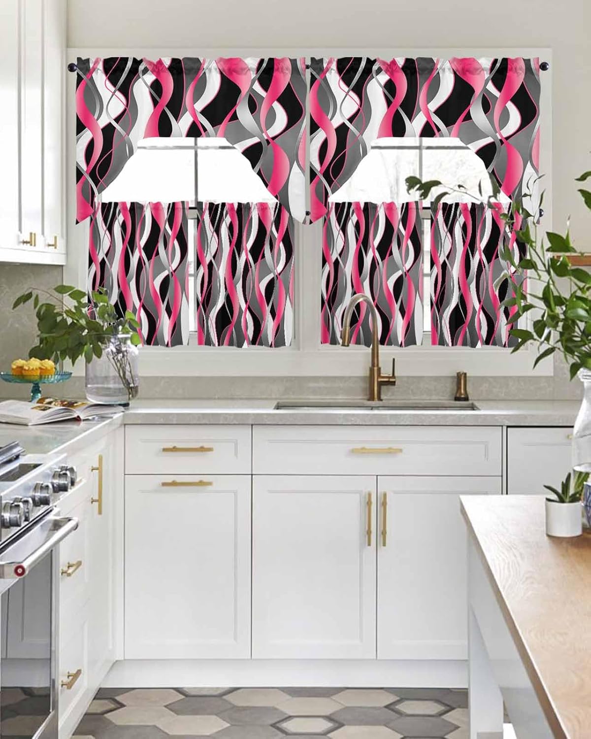 Pink Black Kitchen Curtains Swag Valance and Tier Curtains Set 24 Inch Length, Geometric Contemporary Grey White Stripe Rod Pocket Drape Panels Pair Swag Curtains for Bathroom/Cafe/Window