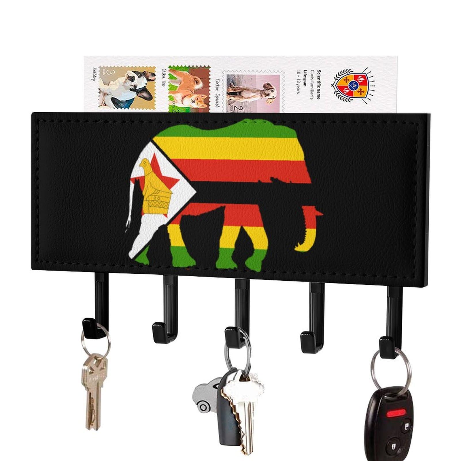 NCLQVJXZKHW Zimbabwe Flag African Elephant Key Holder with 5 Hooks Key Hooks Wall Mounted Key Racks Key Hanger Organiser Shelf
