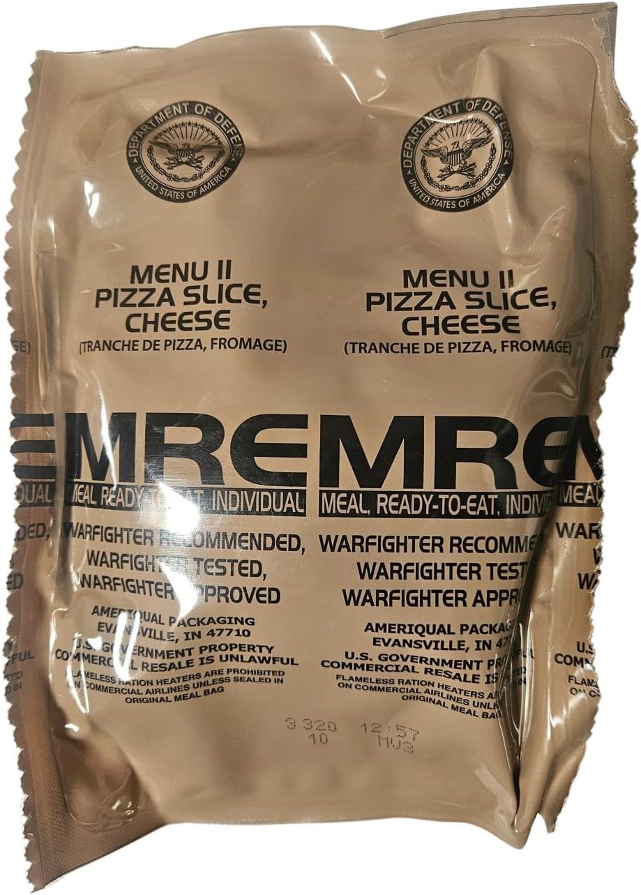 Genuine USGI MRE [Meal, Ready to Eat] Inspection Date 01/2026 or Newer [New Packaging] - You Choose Menu Ration with Entree, Snacks, Dessert, Drink Mix, Utensils, Condiments and FRH. (Cheese Pizza)
