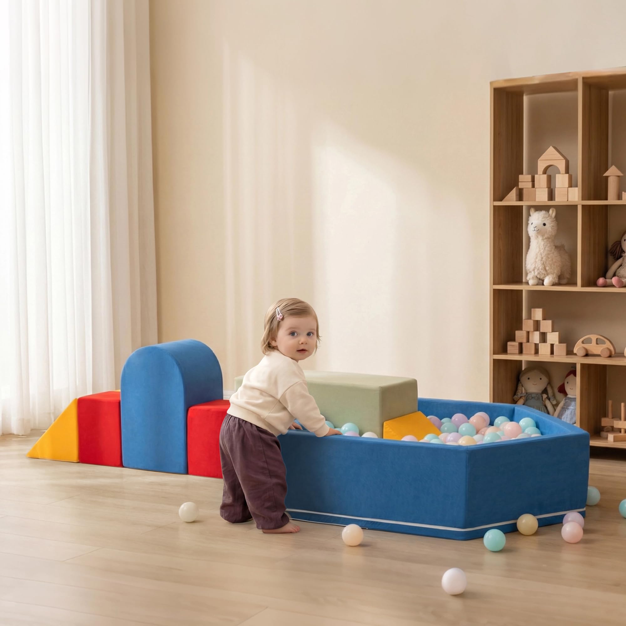 Zedachica 8PCS Softbausteine Baby mit Hausförmigem Bällebad, Schaumstoff Bausteine Kinder für Indoor Klettern, Soft Play Set und Kletterspielzeug für Kleinkinder 1–3 Jahre, Blau (Ohne Bälle)