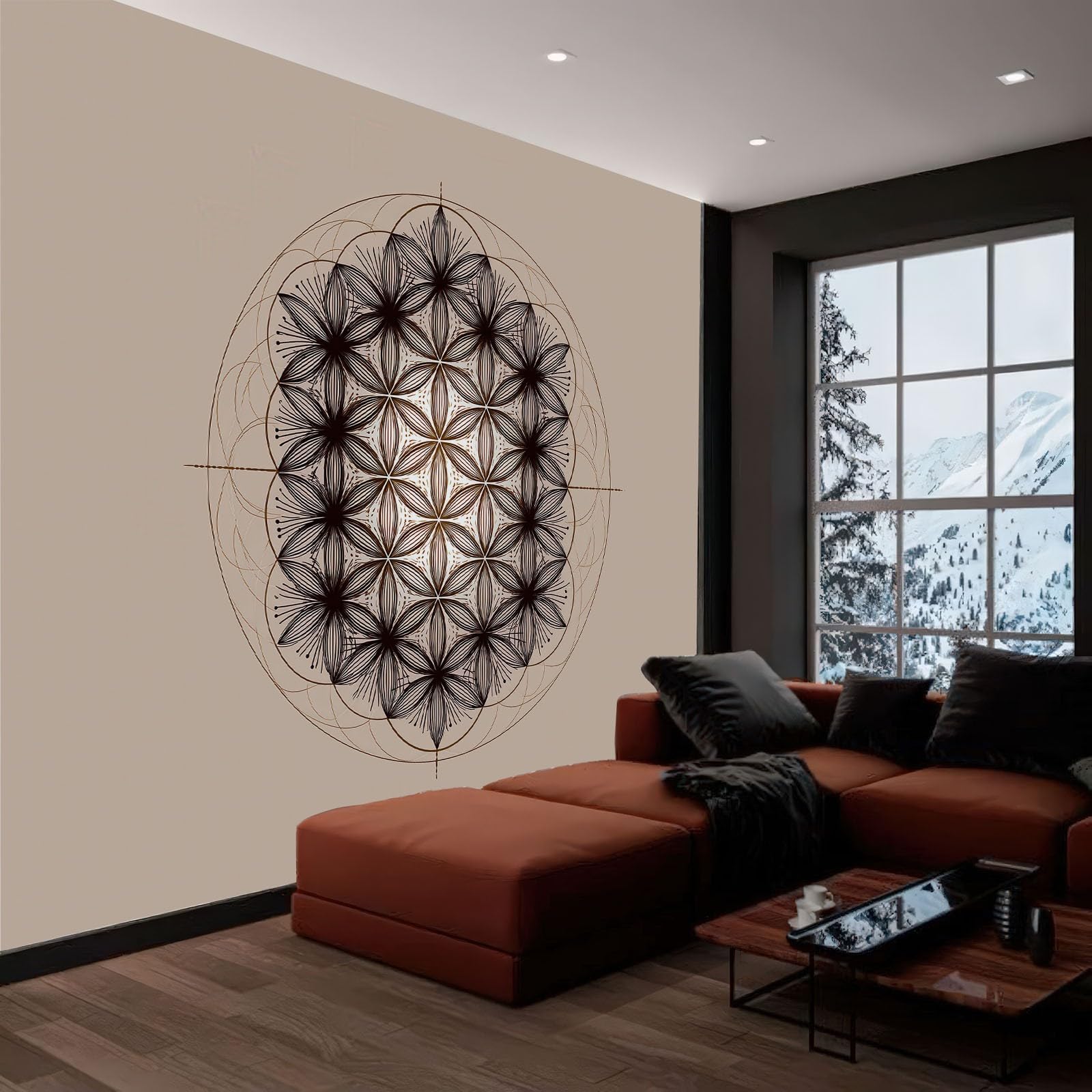Fototapeta boho, 350 szer. x 256 cm, abstrakcyjny geometryczny kwiat życia, trwała, włóknina, sztuka ścienna, do salonu, biura, przedszkola, pokoju zabaw, odporna na rozdarcie, tapeta ścienna plakat