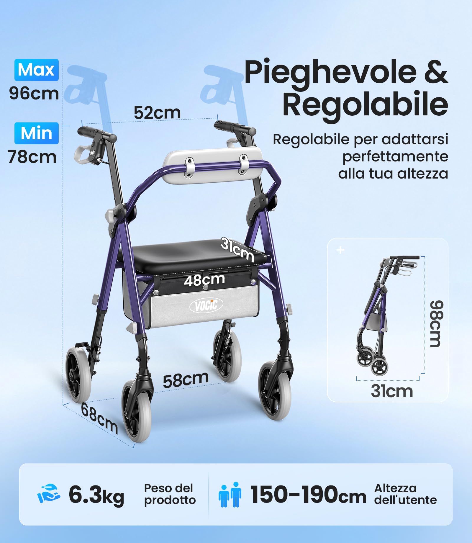 VOCIC Deambulatore pieghevole e leggero con seduta, 6,3 kg ultraleggero | Deambulatore per anziani, max 150 kg, sedile ergonomico, altezza regolabile, walker stretto per casa & viaggi, viola