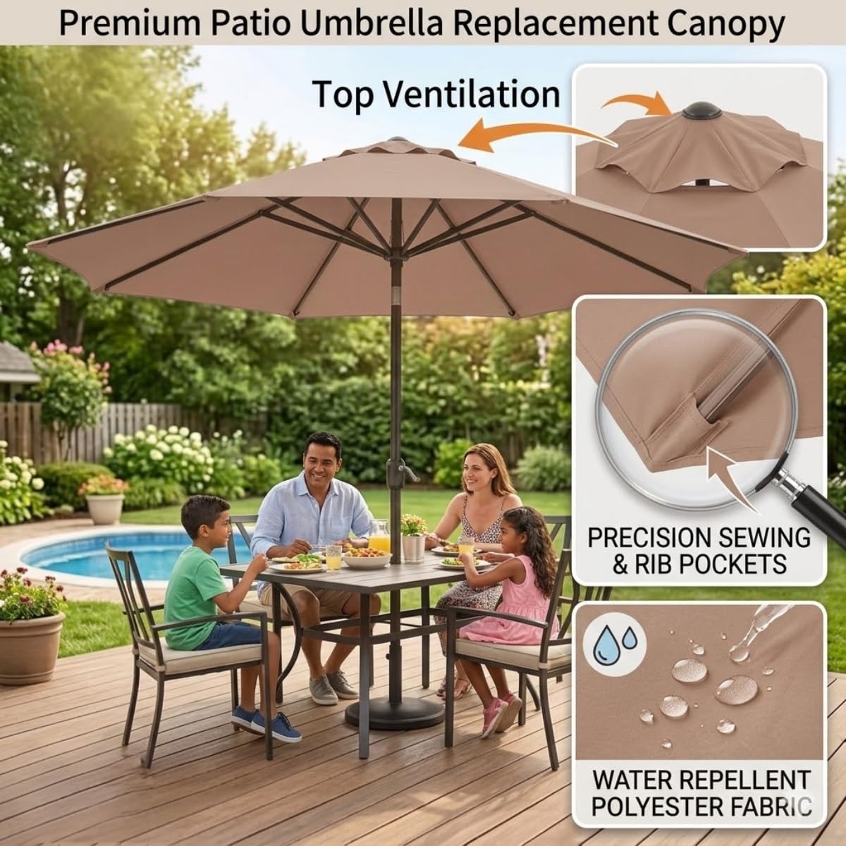 Generico Telo di Ricambio Ombrellone Giardino 2.0m 2.7m 3.0m 4.0m 6/8 Stecche, Copertura Impermeabile Anti-UV Esterno, Telo per Ombrellone Giardino di Ricambio Senza Telaio