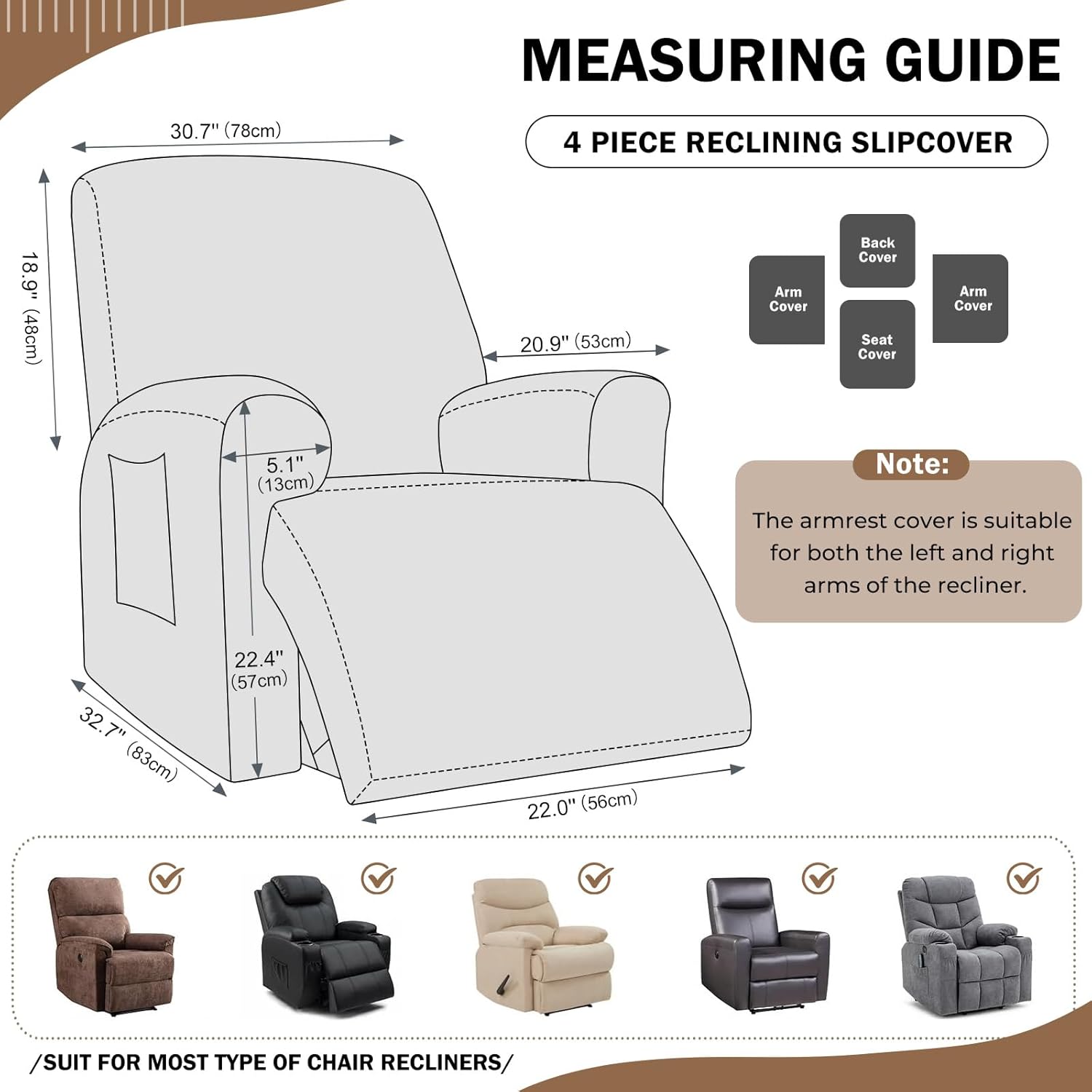 vctops 4 pieces geometric jacquard plush recliner slipcovers soft fuzzy fluffy sofa couch cover anti-slip furniture protector with elastic bottom for kids cats dogs(brown,1 seat) recliner brown