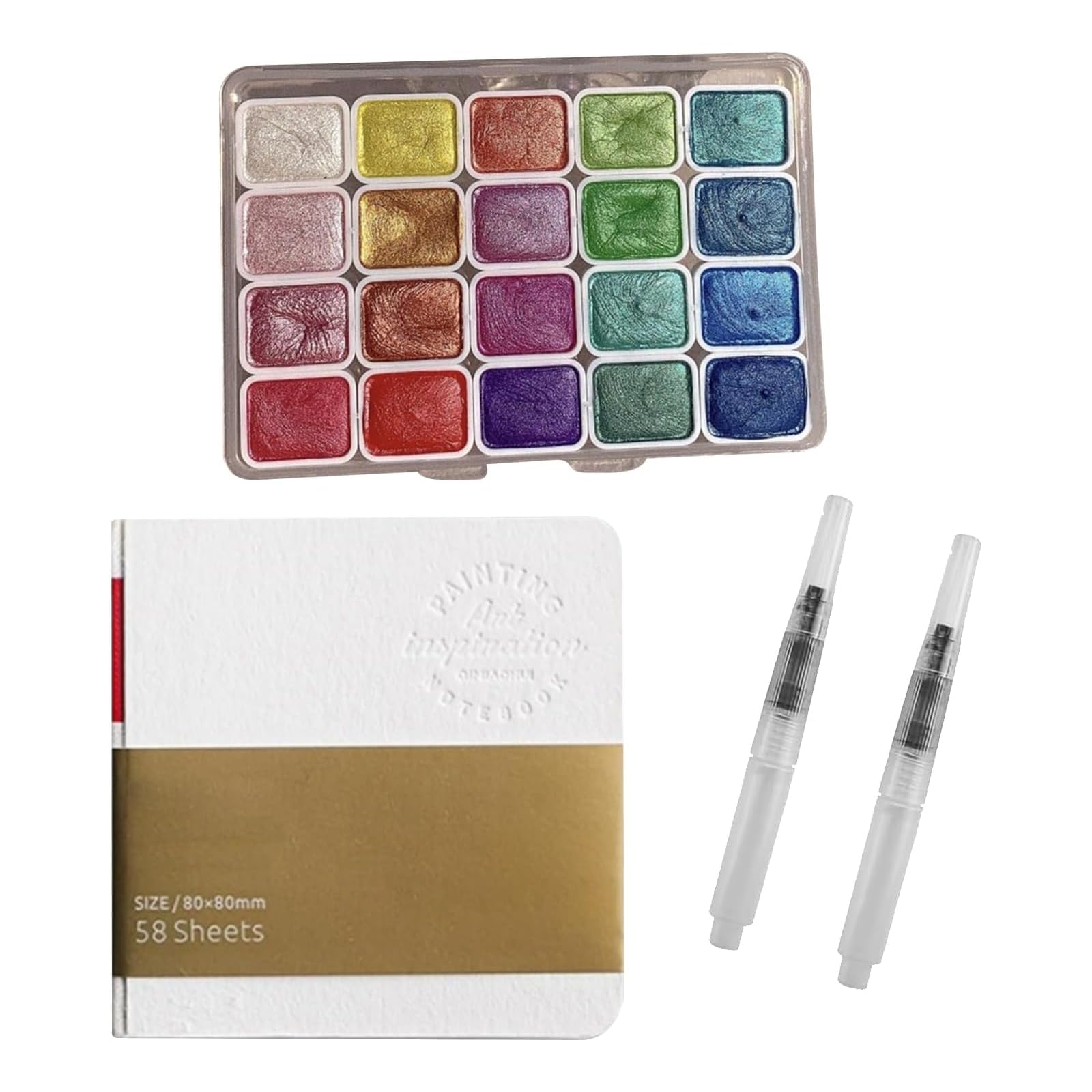 XdealCozyxc 20 Colors Glitter Watercolour Paint, Pearlescent Metallic Watercolour Paint Set with Drawing Books and 2 Watercolour Pencils