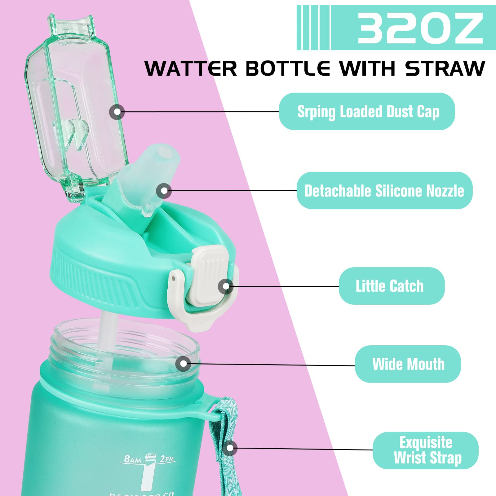 CodiCile Borraccia 1 litro con cannuccia e segni, Borraccia motivazionale a prova di perdite, Borraccia sportiva da 1 l con coperchio senza BPA, per palestra, ufficio, campeggio, corsa(verde rosa)