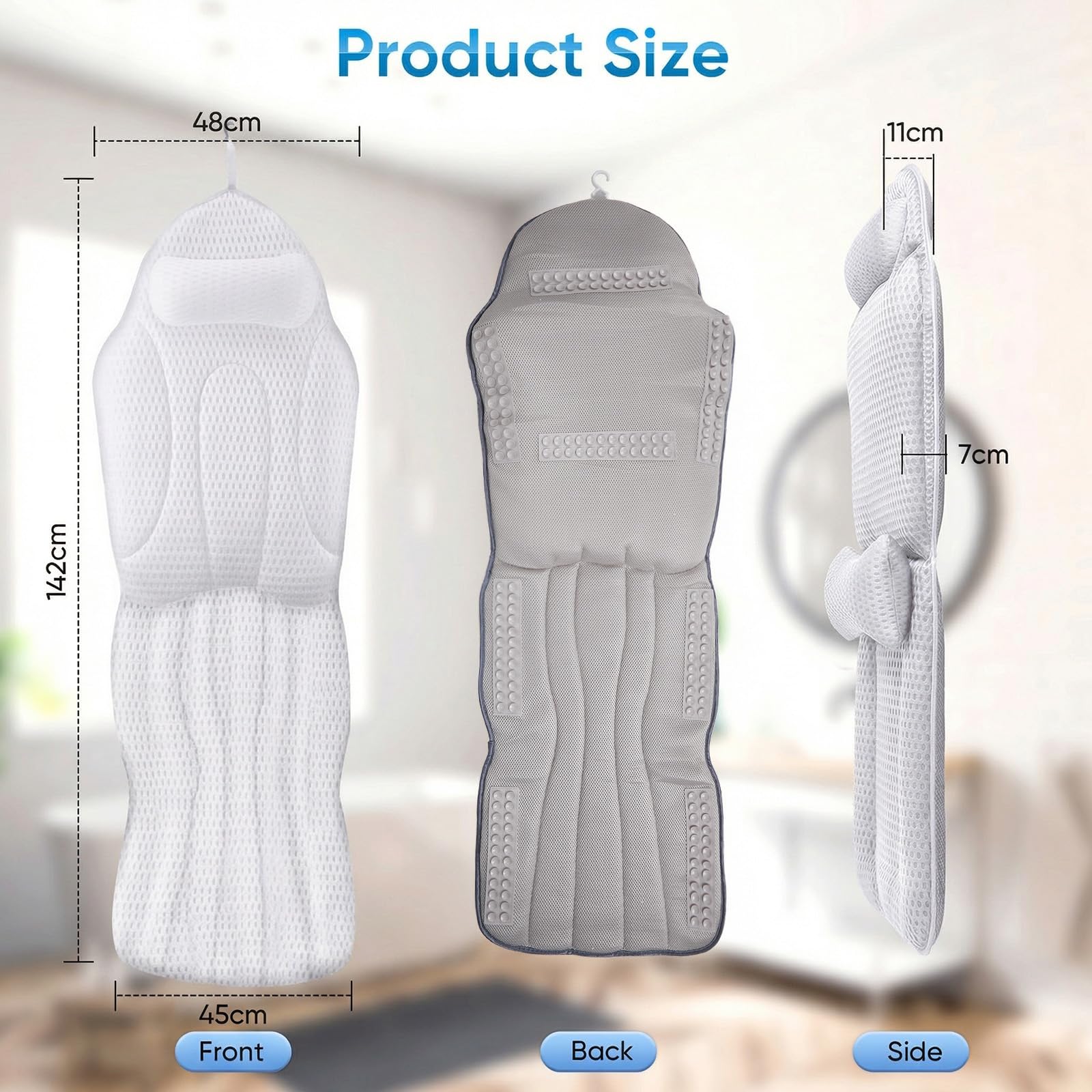 Juego Completo De Cojines para BañEra con CojíN Lumbar | 142 X 48 Cm Sofá De BañO Suave Malla 5D con Ventosas Y Reposacabezas | Alfombrilla para BañEra Y Alfombrilla Burbujas (Blanco)