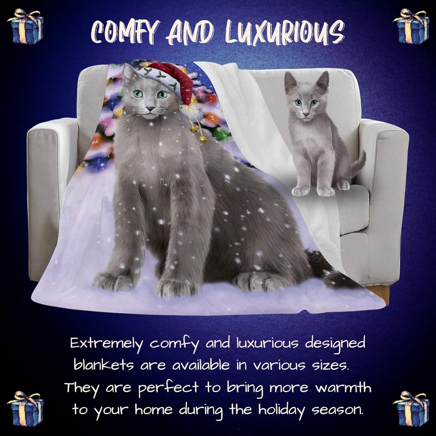 Doggie of the Day Russian Blue Cat Blanket - Christmas Winterland Wonderland - Super Soft & Warm Pet Theme for Sofa or Bed, Warm Fleece, Sherpa or Woven Material, BLNKT89301 (60x80 Fleece)