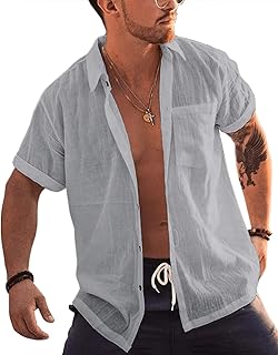 Mens Short Sleeve Button Up Shirts Linen Cotton Beach Tops Spread Collar...