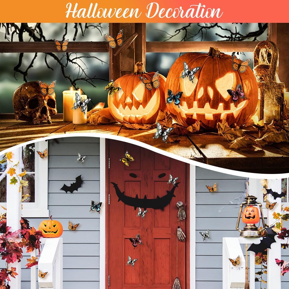 Monarch Butterfly Decorations, 3D Halloween Butterfly Wall Decor, 12Pcs Orange Fake Butterflies, Artificial Butterflies Crafts for The Dead Day, Bedroom, Home, Wedding, Party, Halloween Decor