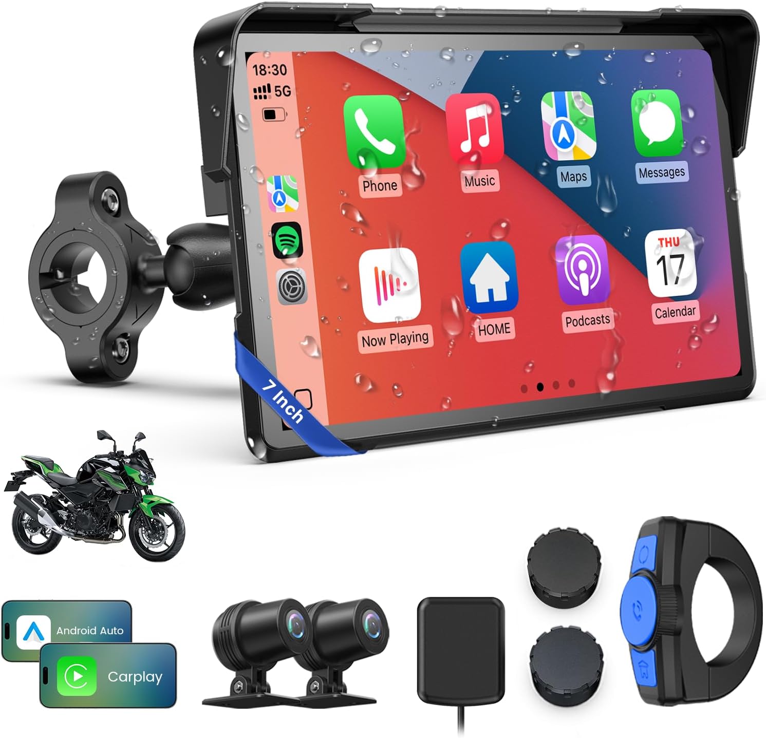 WonVon Motorcycle CarPlay Screen with Android Auto – 7” Waterproof GPS, Pantalla para Moto, Apple CarPlay, Navigation System for Motorcycle, Dual 4K Dash Cam Bluetooth Audio, BSD & TPMS
