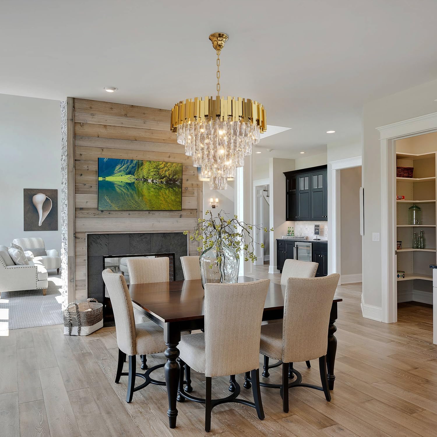 Modern Crystal Chandeliers, 24" Gold Adjustable Height Pendant Light, 5-Tier Round Crystal Ceiling Chandelier for High Ceiling, Foyer, Living Room, Staircase, Dining Room