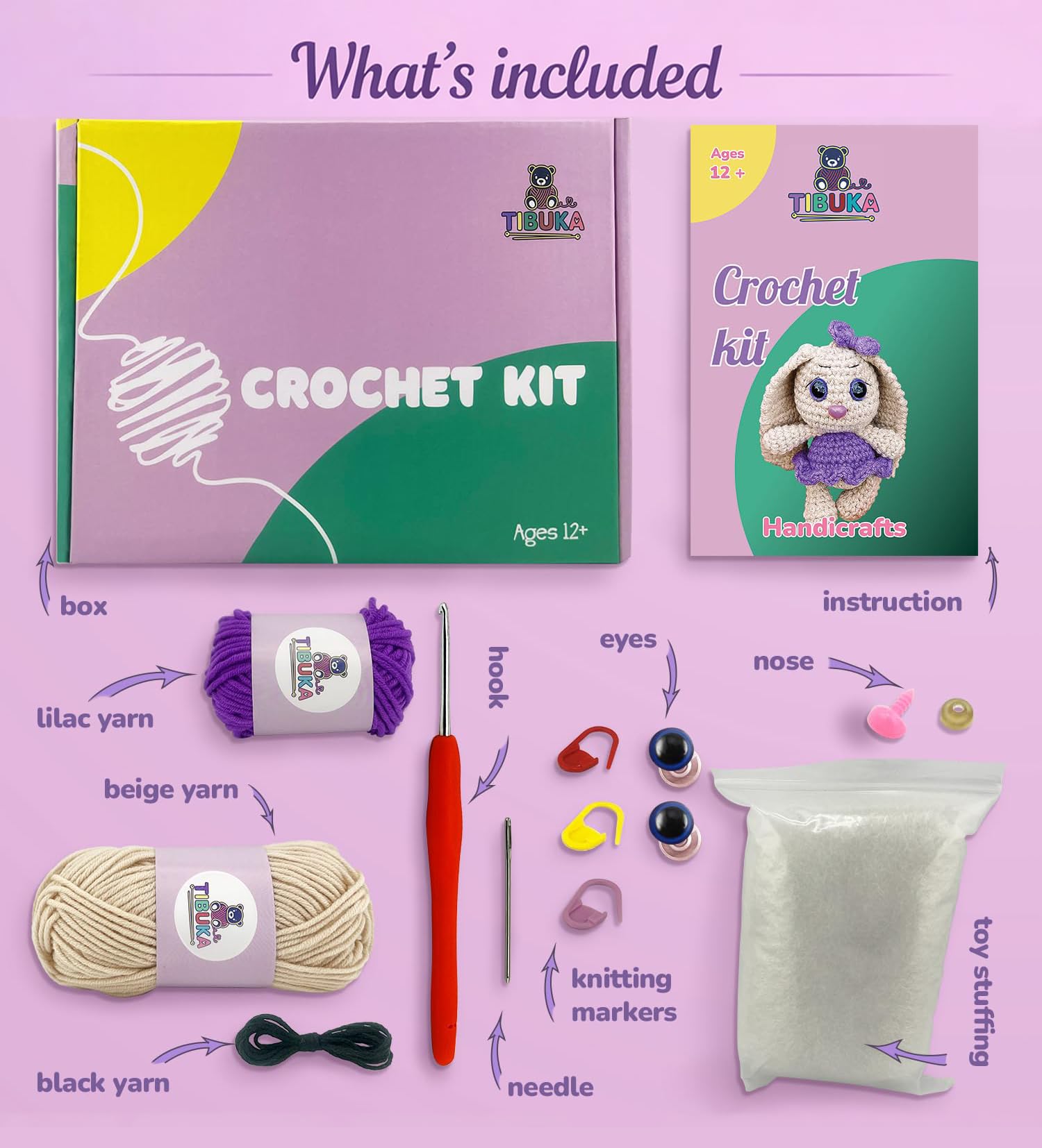 TIBUKA Juego de ganchillo – Conejo en un vestido, kits de ganchillo para niños (12+) y adultos, bonitos accesorios de manualidades de ganchillo, kit de inicio de punto de hilo de ganchillo para