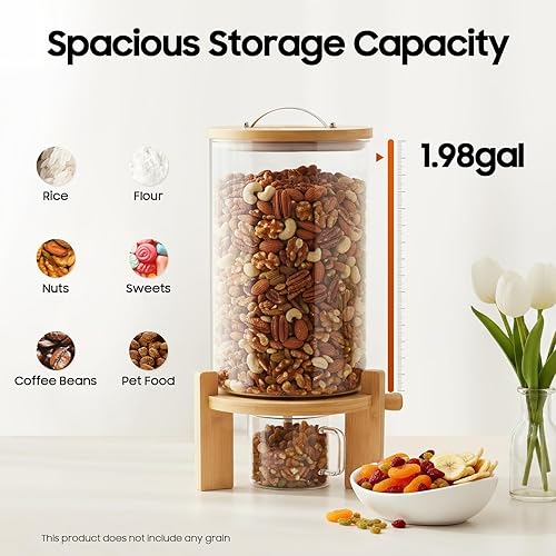 Miniatura 2 de Dispensador de cereales de 7.5 litros con base, válvula y taza medidora, botella de vidrio para almacenamiento de alimentos secos para el hogar,