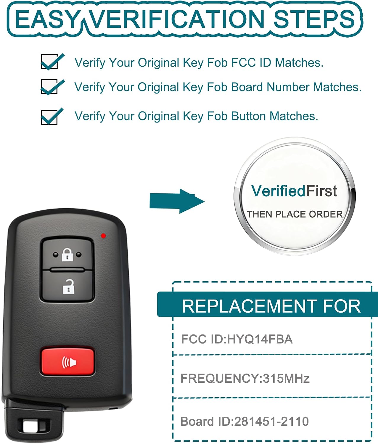 Smart Key Fob for Toyota Highlander 2014-2019, FengRKey Remote Control Key Fob Compatible for Toyota Highlander 2014-2019 HYQ14FBA 89904-0E090 281451-2110