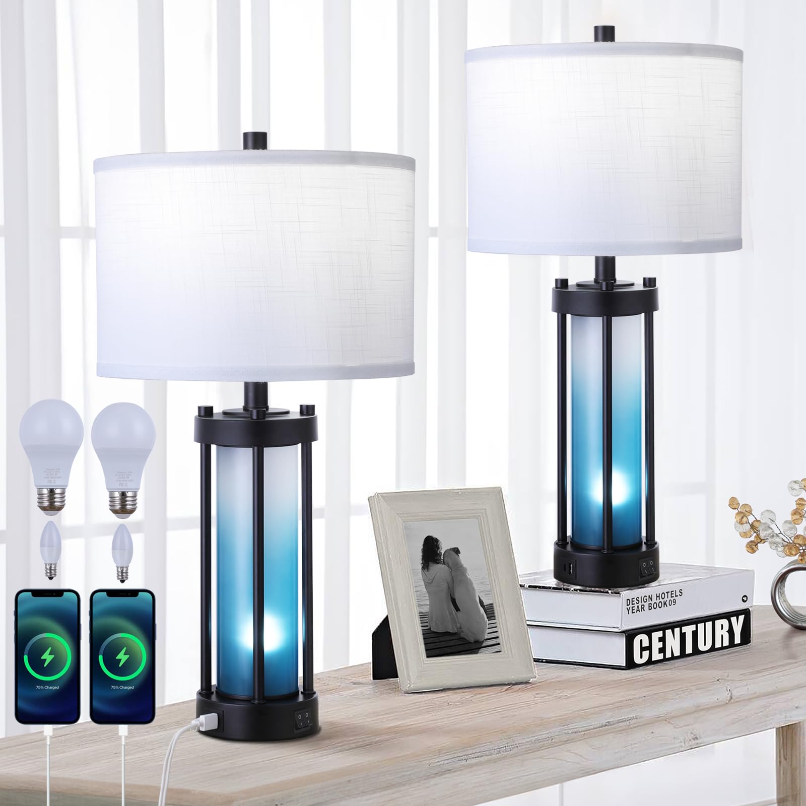 Lambaolom Modern Table Lamps Set of 2, with Night Light Gradient Blue Glass Bedside Table Lamp with 2 USB Ports Tricolor Temperature Desk Lamps for Bedroom Nightstand Living Room 4 Bulbs Included.