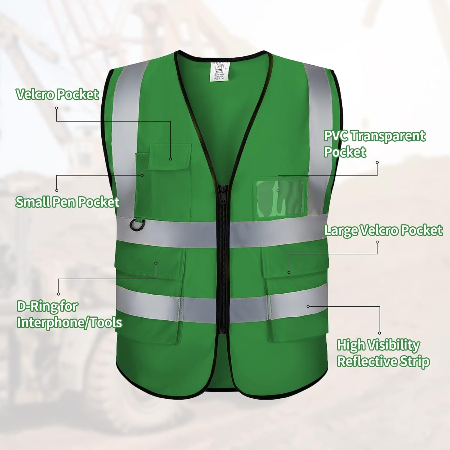 Reflective Vest Safety Vest Class 2 ANSI Standard with Pockets Zipper High Visibility Construction Uniform