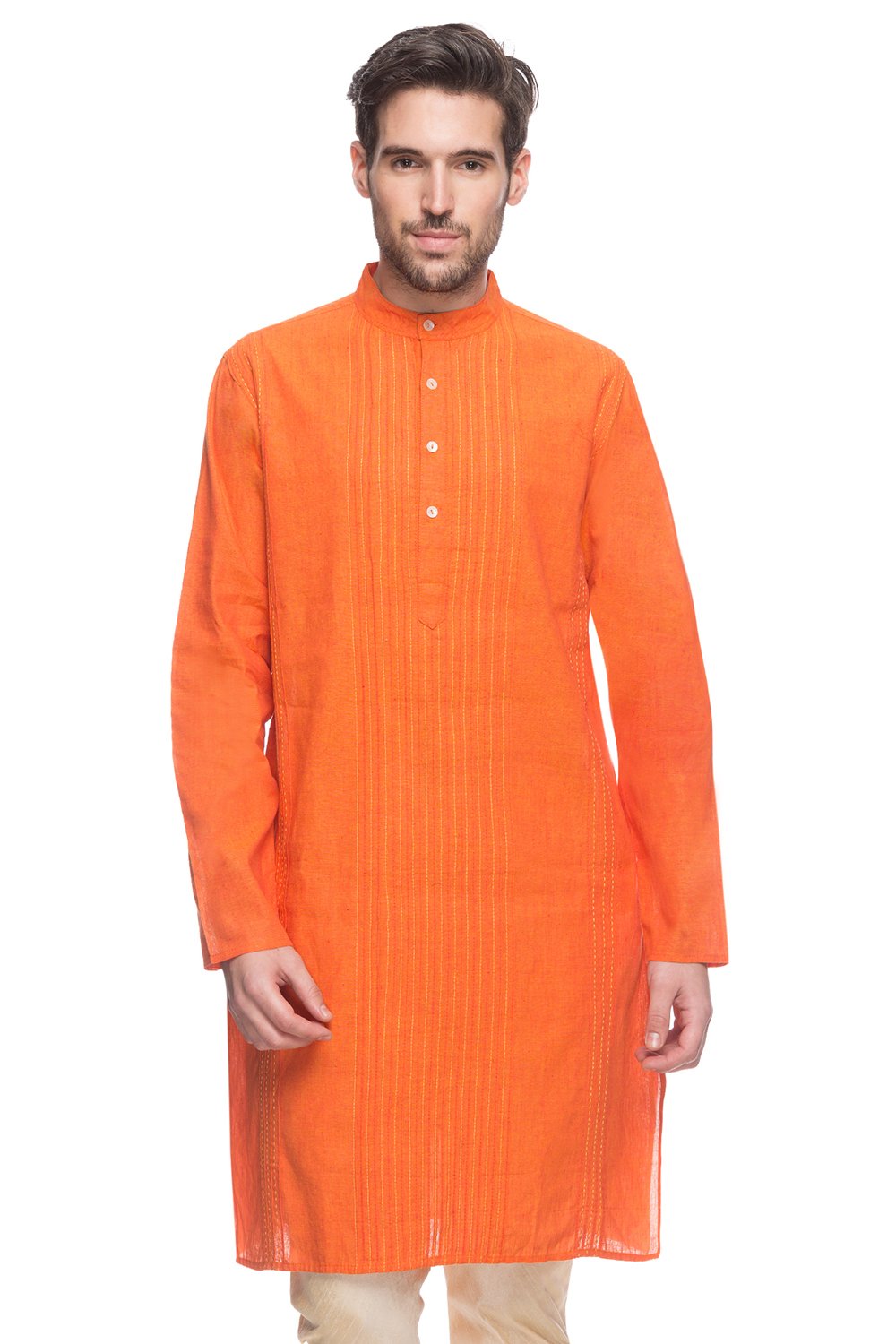 shatranj Men's Indian Long Kurta Tunic Banded Collar Textured Shirt with Pin-Tucks; Coral; SM-picture-35