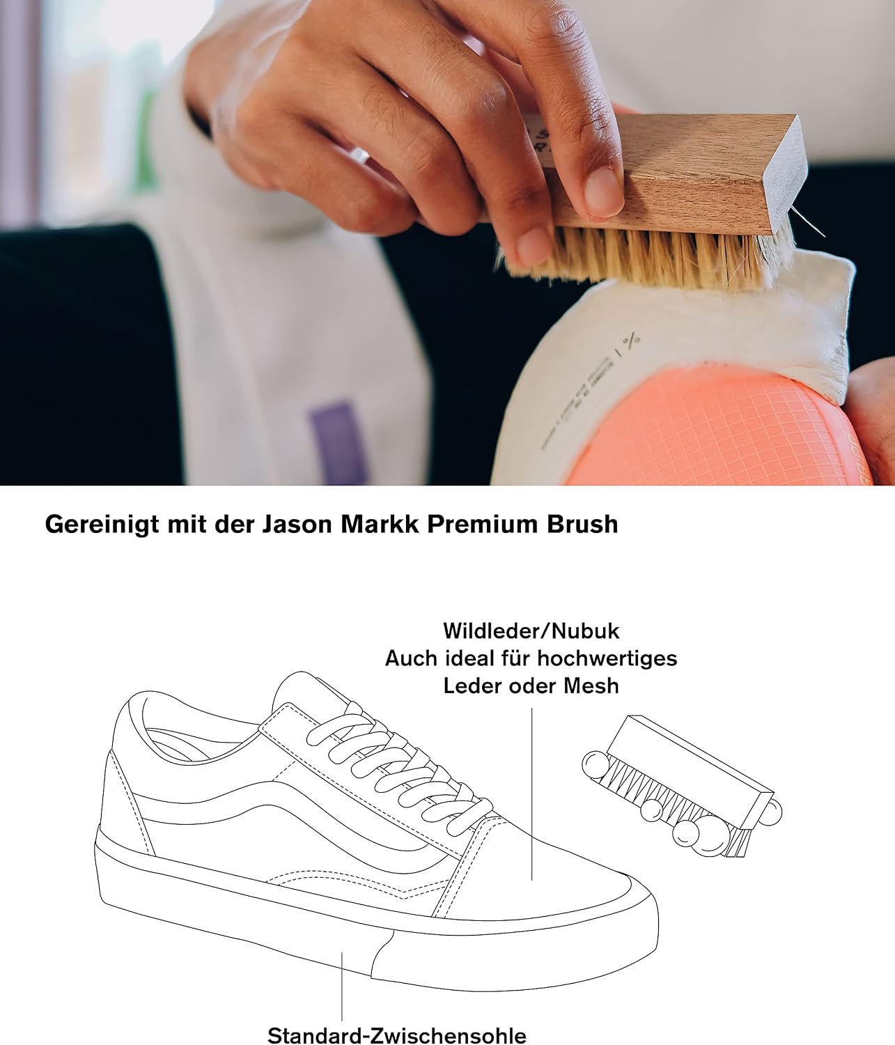 Щетка для чистки Jason Markk в комплекте с готовой к использованию чистящей пеной идеально подходит для чистки замши и других материалов
