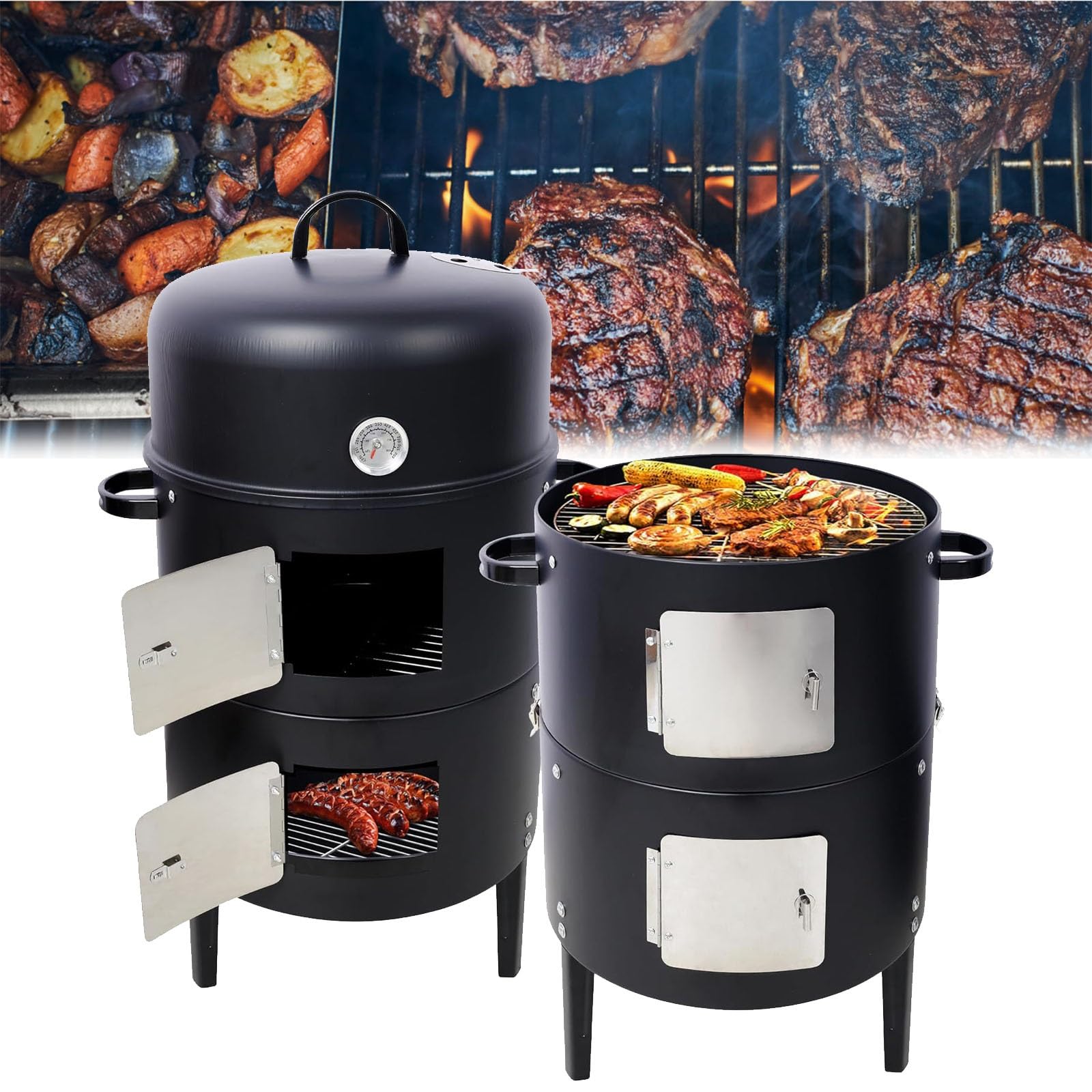 Affumicatore portatile in acciaio, griglia barbecue 3 in 1 con termometro, vaschetta antigoccia per olio, design senza fumo per calore uniforme, ideale per feste all'aperto in casa