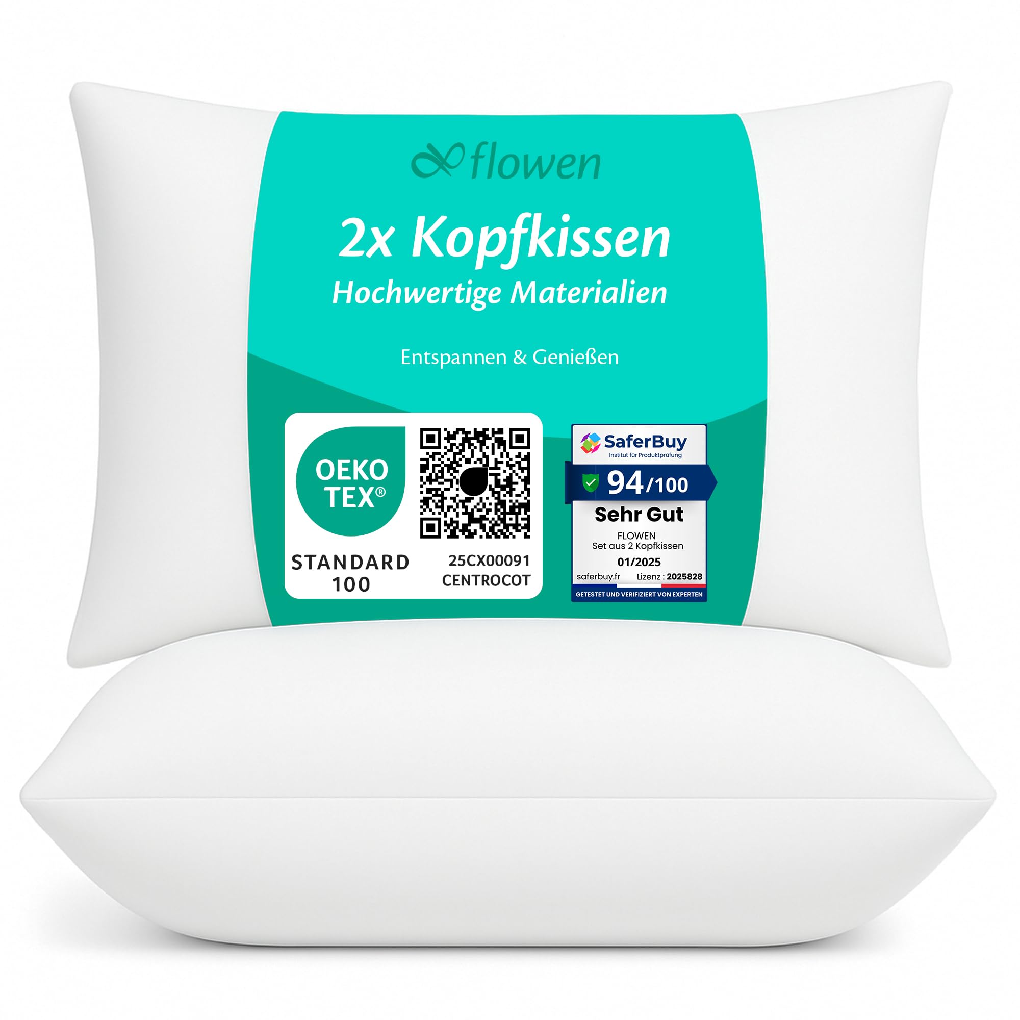 Flowen Kissen für Bett 40x80 cm Kopfkissen 2er Set Innenkissen Hypoallergene Anti-Milben Weiche Kissenfüllung mit Kissenbezug Mikrofaser Abnehmbarem und Waschbaren Schlafkissen für Haus/Hotel