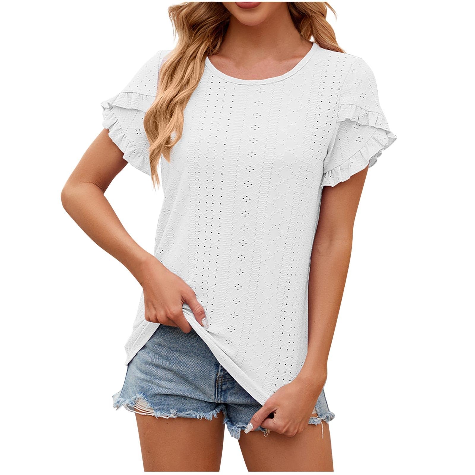 Lemoiitea Blusa de moda para mujer, estilo informal, con volantes, manga corta, holgada, cuello redondo, elegante, para verano, fiesta, vacaciones