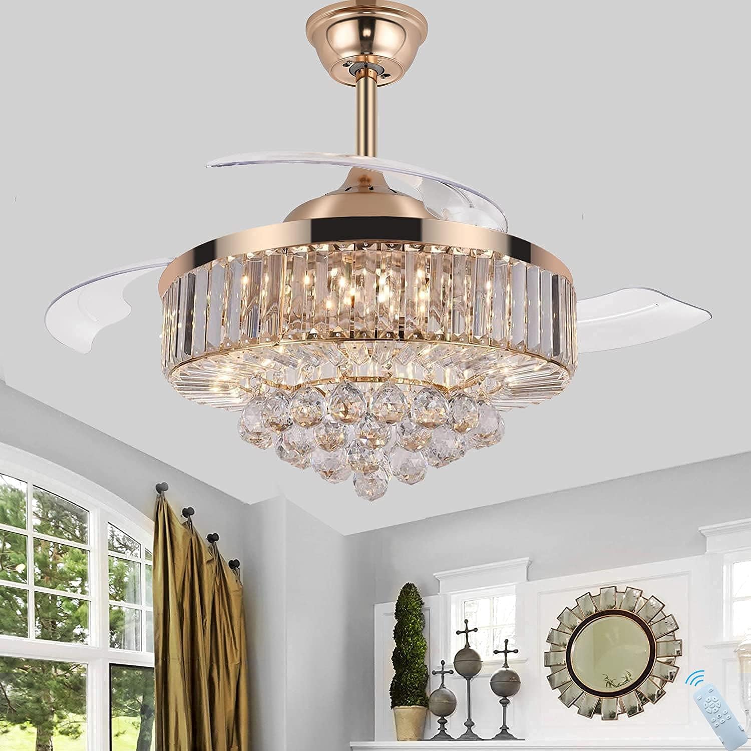 Lіmіtеd Dіѕсоunt TiptonLight Modern Crystal Ceiling Fan with Lights, 42 Inch Remote Control Chandelier Fan with Retractable Blades for Living Room Bedroom Dining Room