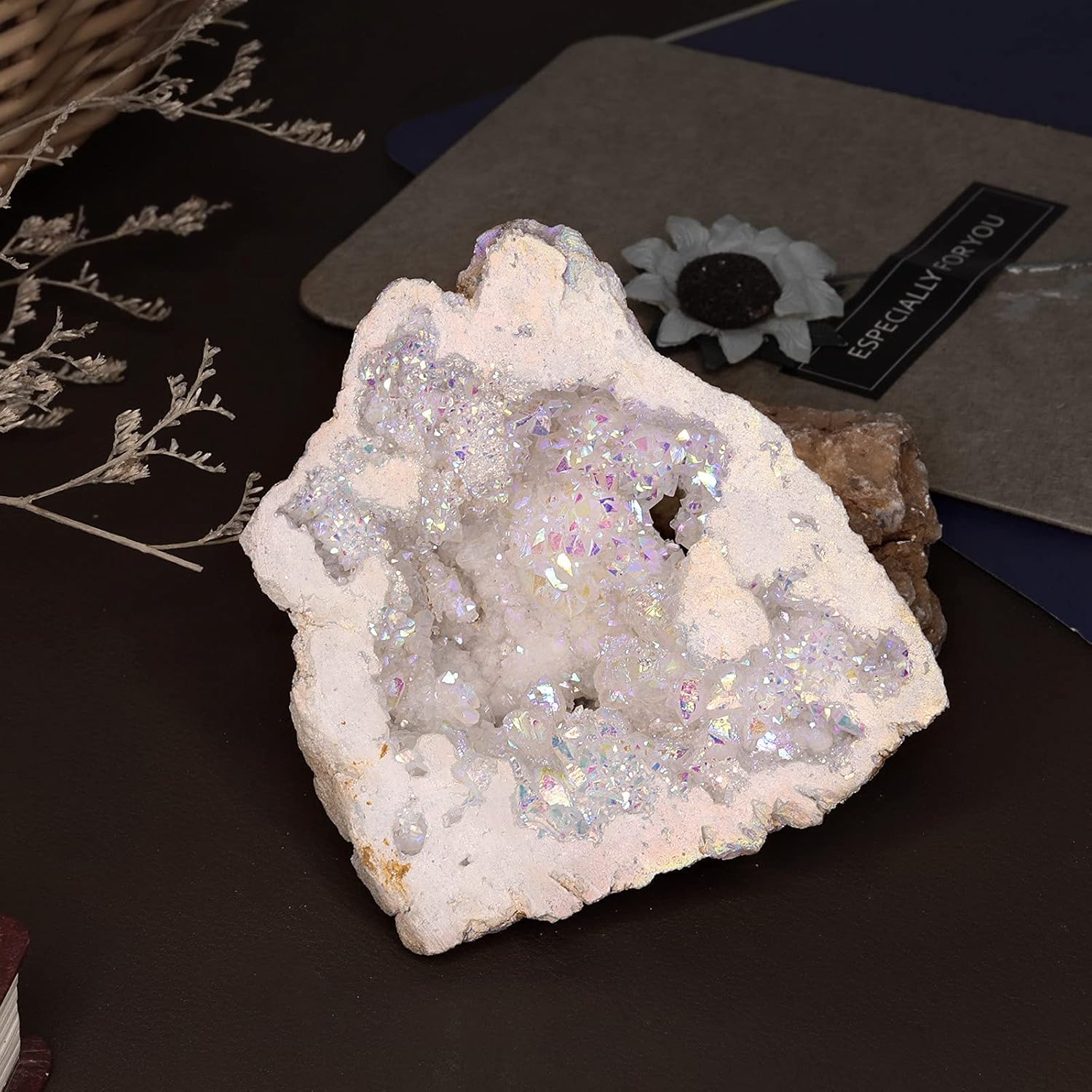 Rockcloud Titanium Coated AB Irregular Crystal, Raw Rough Stone Cluster Geode Druzy for Home Office Decor, Pack of 2
