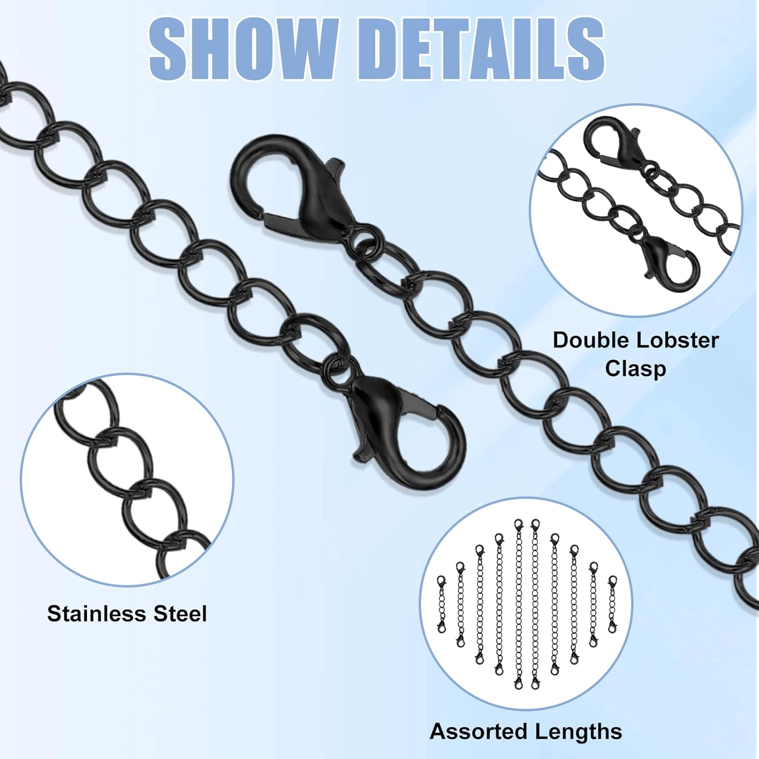 15pcs Black Necklace Extenders, 5 Size Bracelet Extender Jewelry Extenders Choker Extender Lobster Necklace Extenders for Necklaces,Chain Extender for Jewelry Making - Image 3