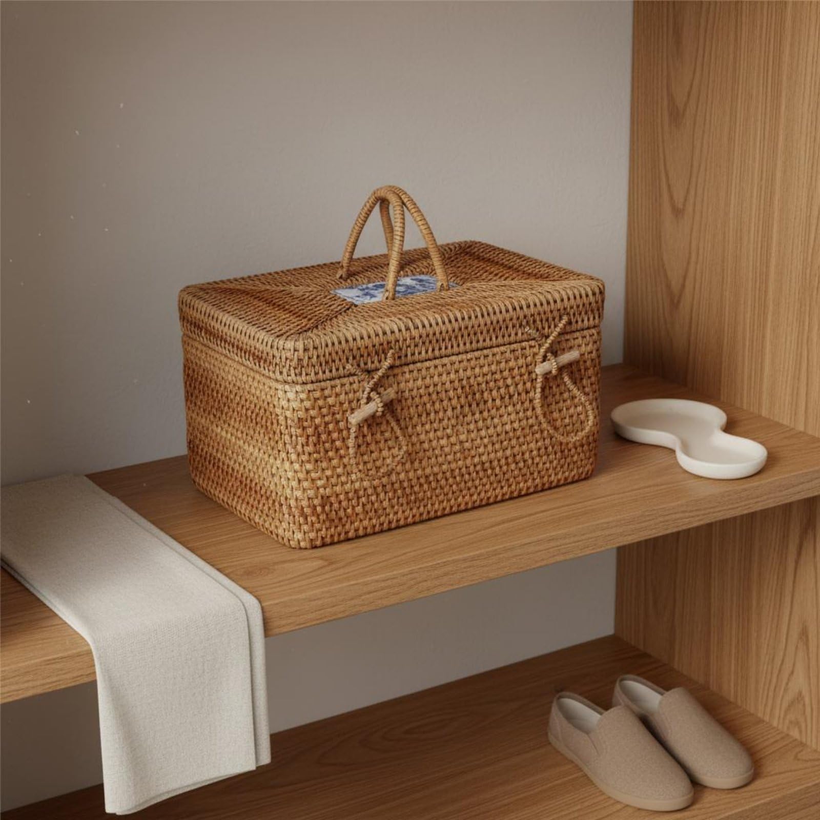 Caja de Ratán con Tapa Agarraderas Portátil Cesta Tejida de Mimbre Multiusos Baúl Almacenamiento Estilo Retro para Dormitorio, style to 1