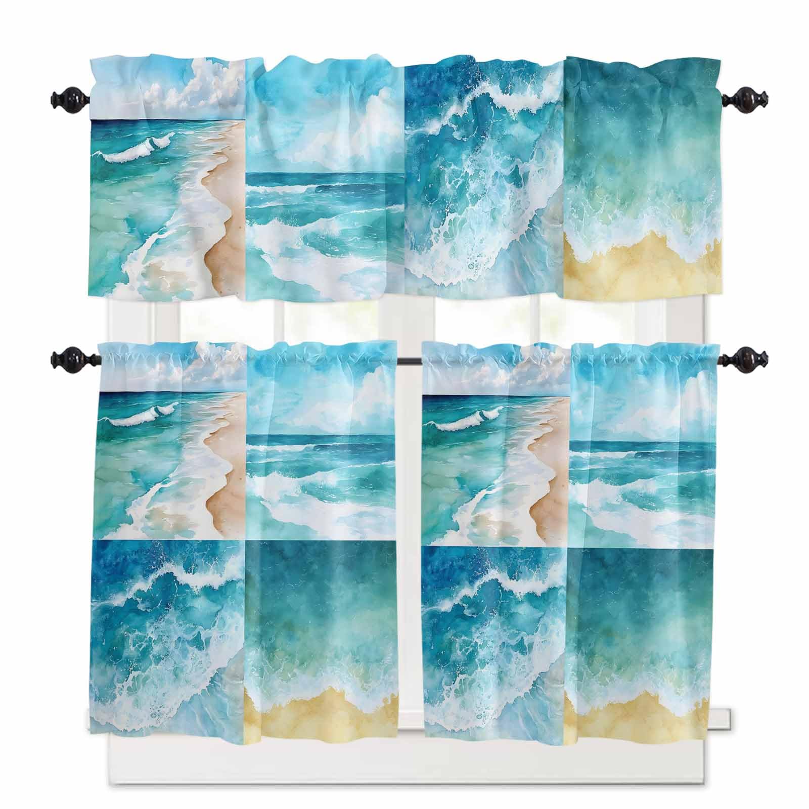 Turquoise Summer Beach Kitchen Curtains 36 Inch Length, 3 Piece Rod Pocket Small Half Tiers and Valance Set, Coastal Ocean Waves Nautical Small Large Window Treatment Decor for Bedroom/Bathroom Sink