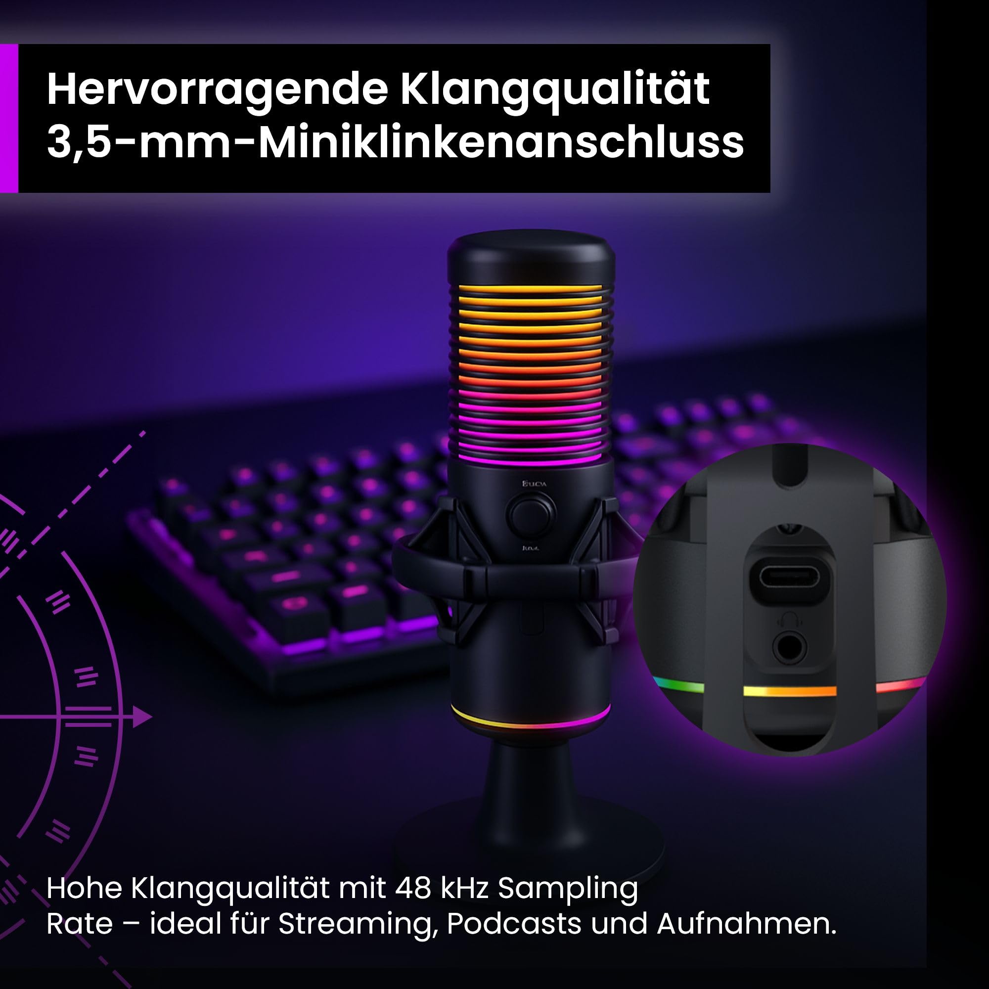 PREYON Gaming Mikrofon PC mit Arm USB Microphone - Podcast Streaming Studio Laptop Stand Mic Zubehör Tischmikrofon RGB Kondensator Stummschaltung Standmikrofon Cardioid Omnidirektional – Schwarz