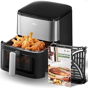 Bear 6.3QT Air Fryer, Smart Touchscreen, 4D Turbo Crisp & Steam Window | 4D Turbo Crisp for extra-crispy results, Steam keeps food juicy.,1600W rapid cooking,Dishwasher-safe basket, easy clean.