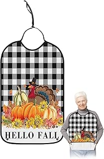 BOBOWUNY Thanksgiving Pumpkin Turkey Adult Bibs for Elder Women Men Eating, Hello Fall Sunflower Black Plaid Waterproof & Washable Bibs for Eating Clothing Protector Dining Bibs for Crumb Catcher