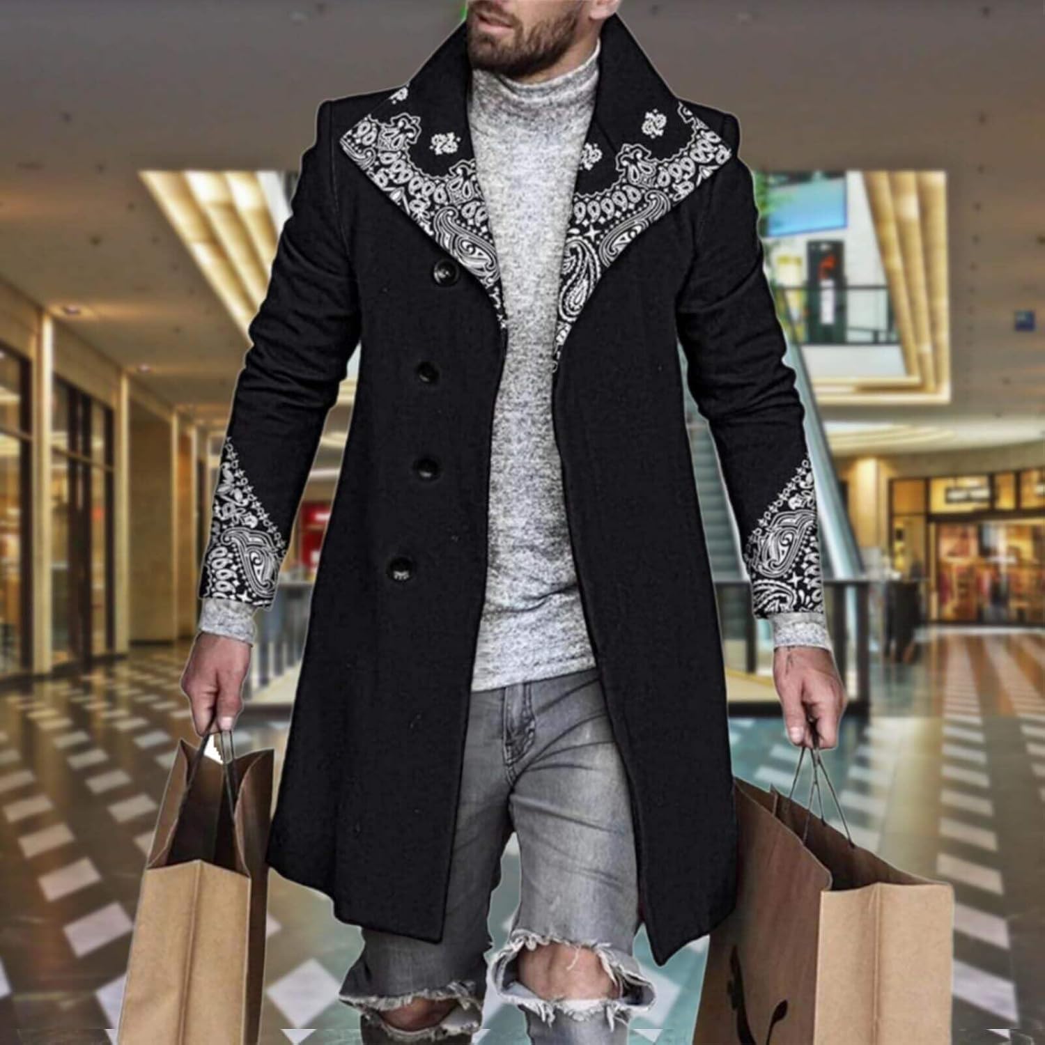 Men's Plaid Long Trench Coat Mid - Length Lapel Collar Button Down Warm Overcoat for Winter & Autumn Fashion - Image 2