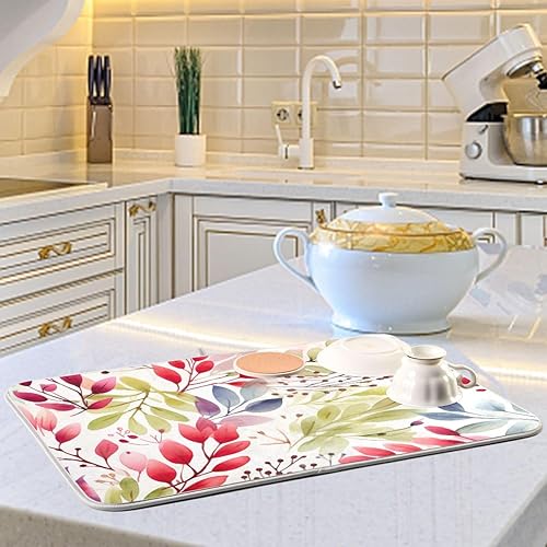 Miniatura 6 de Tapete de secado de platos de hojas coloridas para encimera de cocina, 18 x 24 pulgadas, tapete de secado rápido absorbente para café, protector de